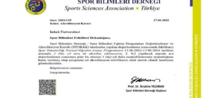 İnönü üniversitesi Spor Yöneticiliği bölümü akredite edildi