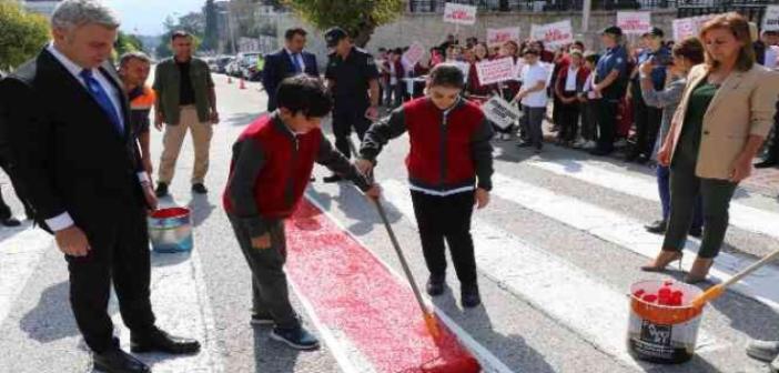 Safranbolu’da yaya geçitleri kırmızıya boyanıp, öğrenciler bilgilendirildi