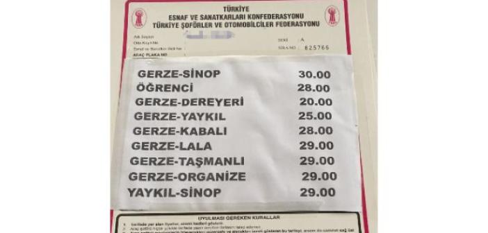 Sinop-Gerze dolmuş tarifesine 5 TL zam