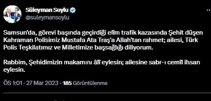 Bakan Soylu’dan Samsun’da kazada şehit olan polis memuru için başsağlığı mesajı