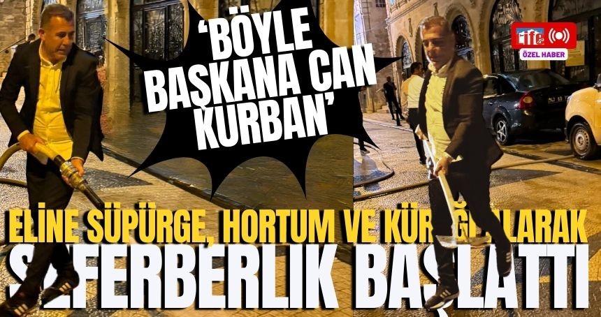 Başkan, sokakları önce yıkadı sonra süpürerek; temizlik yaptı