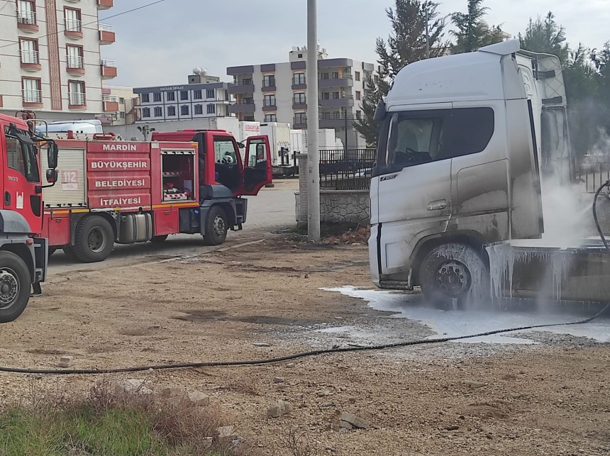 Mardin'de park halindeki TIR'da yangın çıktı