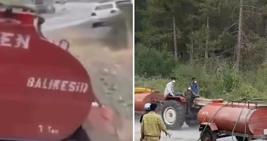 Yangına traktörle koştu: Patlayan tekerleğe rağmen durmadı